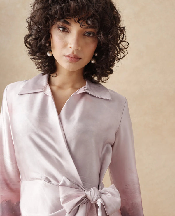 Rareism Women's Qert Dusky Multi Satin Fabric Johnny Collar Tie-Up Closure Cuffed Sleeve Abstract Straight Fit Mini Dress
