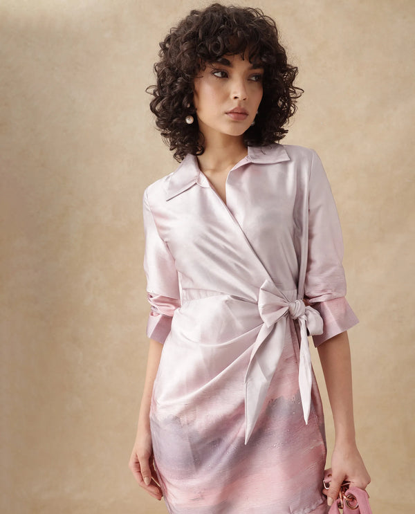 Rareism Women's Qert Dusky Multi Satin Fabric Johnny Collar Tie-Up Closure Cuffed Sleeve Abstract Straight Fit Mini Dress