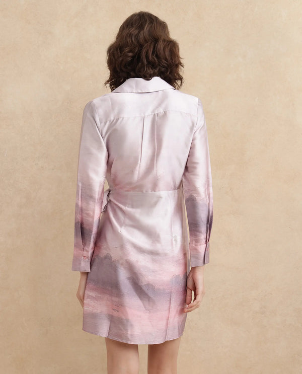 Rareism Women's Qert Dusky Multi Satin Fabric Johnny Collar Tie-Up Closure Cuffed Sleeve Abstract Straight Fit Mini Dress