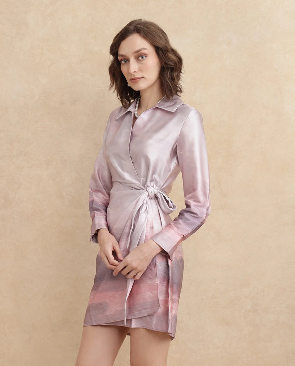 Rareism Women's Qert Dusky Multi Satin Fabric Johnny Collar Tie-Up Closure Cuffed Sleeve Abstract Straight Fit Mini Dress