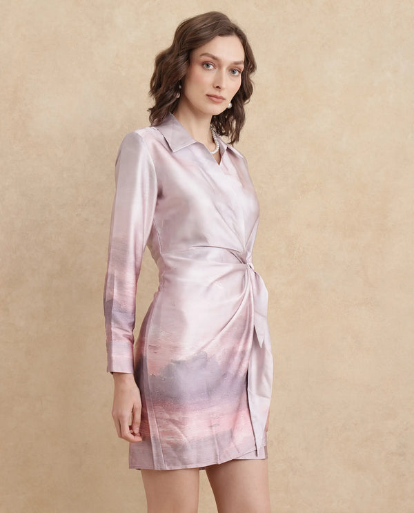Rareism Women's Qert Dusky Multi Satin Fabric Johnny Collar Tie-Up Closure Cuffed Sleeve Abstract Straight Fit Mini Dress