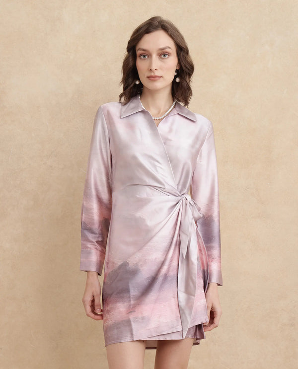 Rareism Women's Qert Dusky Multi Satin Fabric Johnny Collar Tie-Up Closure Cuffed Sleeve Abstract Straight Fit Mini Dress