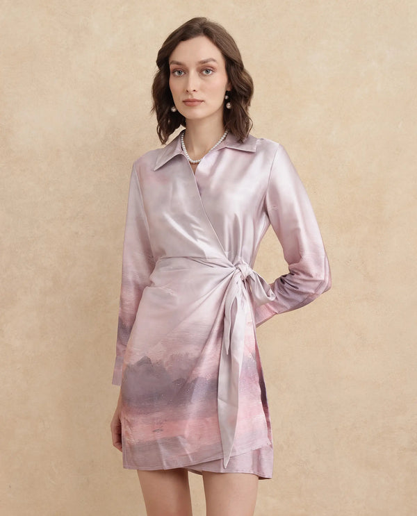 Rareism Women's Qert Dusky Multi Satin Fabric Johnny Collar Tie-Up Closure Cuffed Sleeve Abstract Straight Fit Mini Dress