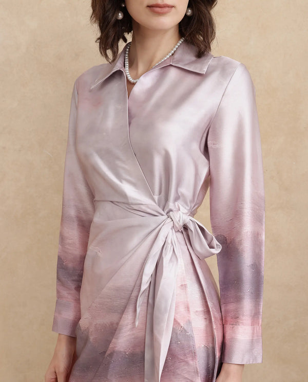 Rareism Women's Qert Dusky Multi Satin Fabric Johnny Collar Tie-Up Closure Cuffed Sleeve Abstract Straight Fit Mini Dress