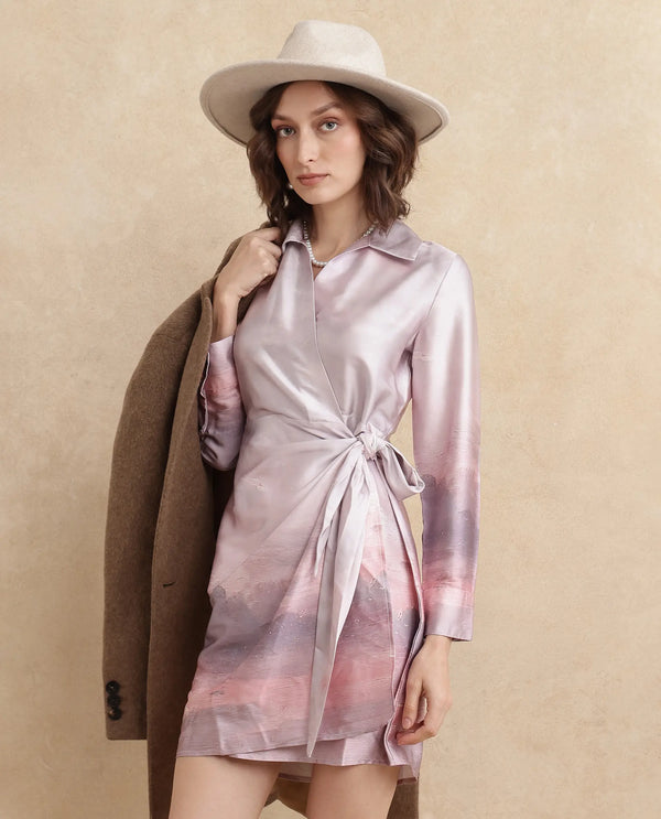 Rareism Women's Qert Dusky Multi Satin Fabric Johnny Collar Tie-Up Closure Cuffed Sleeve Abstract Straight Fit Mini Dress