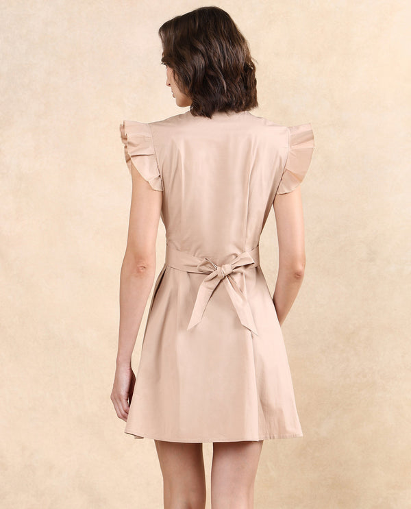 Rareism Women Qinc Beige Cotton Blend Fabric Ruffled Sleeves V-Neck Zipper Closure Fit And Flare Mini Plain Dress