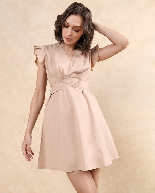 Rareism Women Qinc Beige Cotton Blend Fabric Ruffled Sleeves V-Neck Zipper Closure Fit And Flare Mini Plain Dress