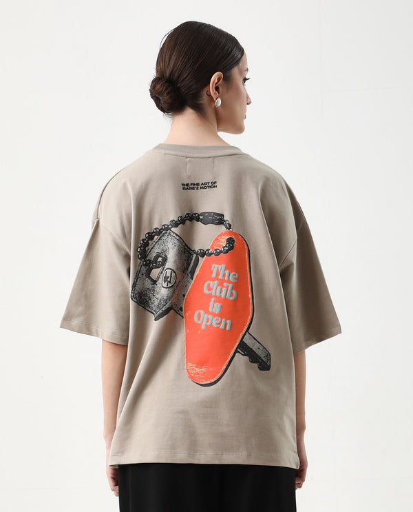 Rareism Women Qlax Beige Pull On Closure Cotton Fabric Oversized Fit Regular Graphic Print T-Shirt