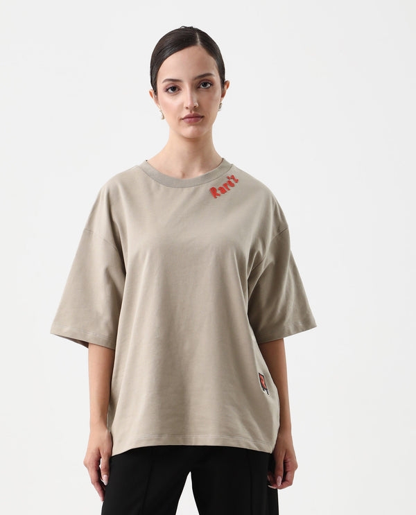 Rareism Women Qlax Beige Pull On Closure Cotton Fabric Oversized Fit Regular Graphic Print T-Shirt