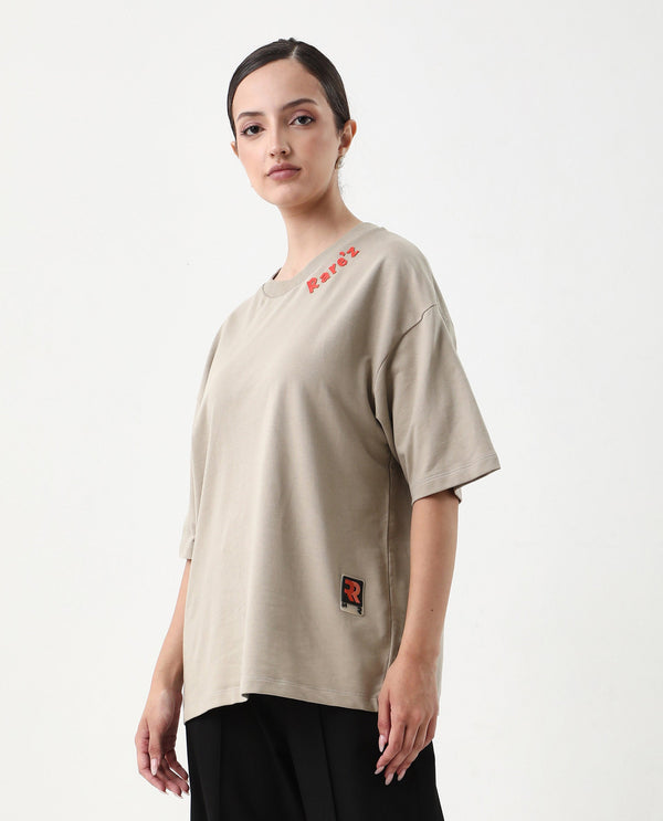 Rareism Women Qlax Beige Pull On Closure Cotton Fabric Oversized Fit Regular Graphic Print T-Shirt