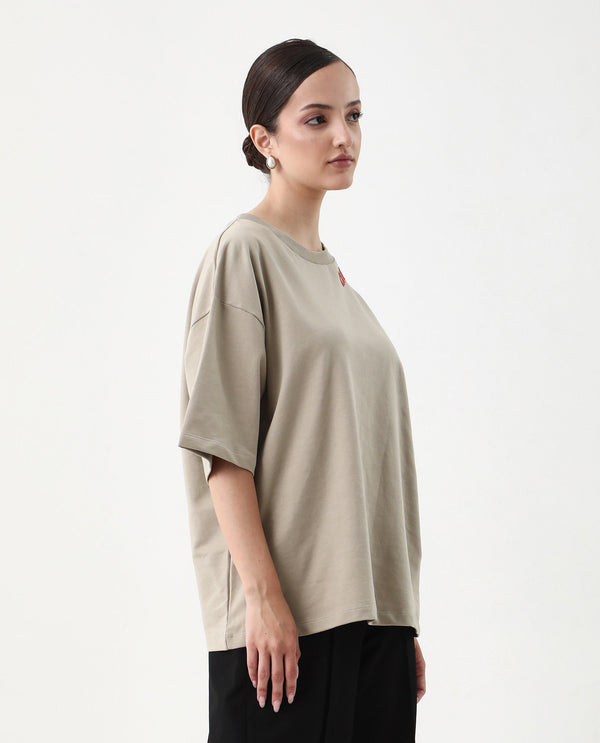 Rareism Women Qlax Beige Pull On Closure Cotton Fabric Oversized Fit Regular Graphic Print T-Shirt