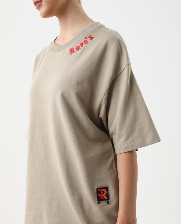 Rareism Women Qlax Beige Pull On Closure Cotton Fabric Oversized Fit Regular Graphic Print T-Shirt