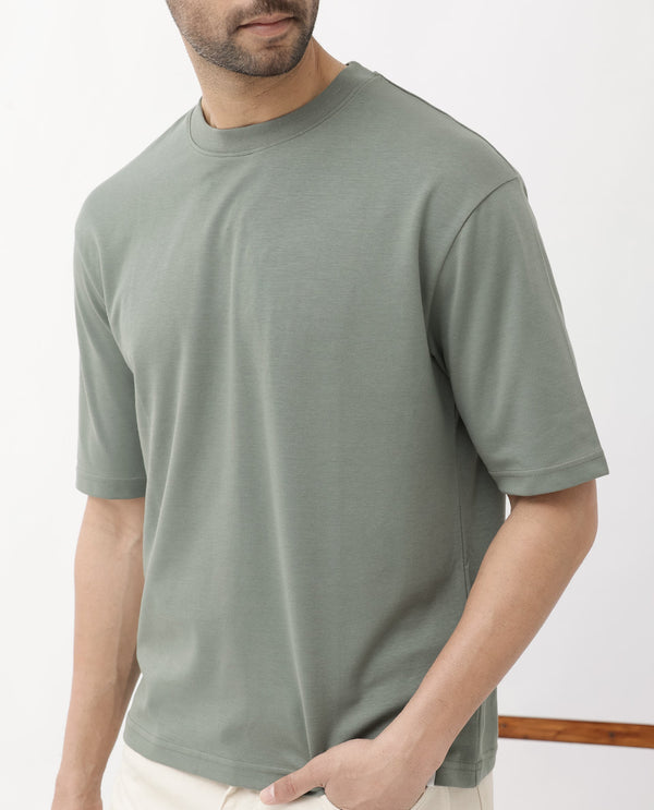 Rare Rabbit Men's Qlo Dusky Olive Cotton Polyester Fabric Short Sleeve Crew Neck Oversized Fit Solid T-Shirt