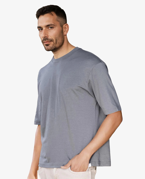 Rare Rabbit Men's Qlo Dusky Blue Cotton Polyester Fabric Short Sleeve Crew Neck Oversized Fit Solid T-Shirt