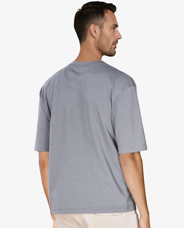 Rare Rabbit Men's Qlo Dusky Blue Cotton Polyester Fabric Short Sleeve Crew Neck Oversized Fit Solid T-Shirt
