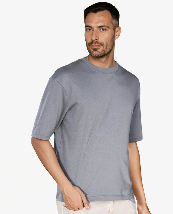 Rare Rabbit Men's Qlo Dusky Blue Cotton Polyester Fabric Short Sleeve Crew Neck Oversized Fit Solid T-Shirt