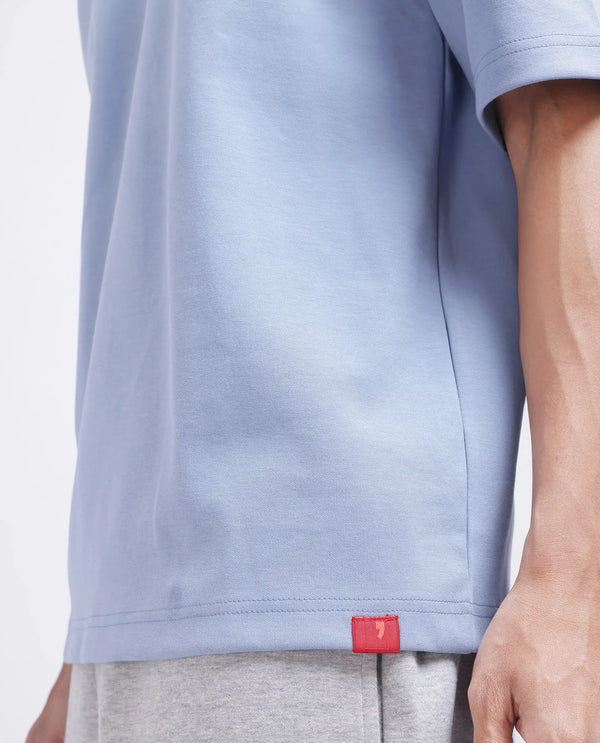 Rare Rabbit Men Qlos Dusky Blue Cotton Blend Fabric Short Sleeves Crew Neck Boxy Fit Plain T-Shirt