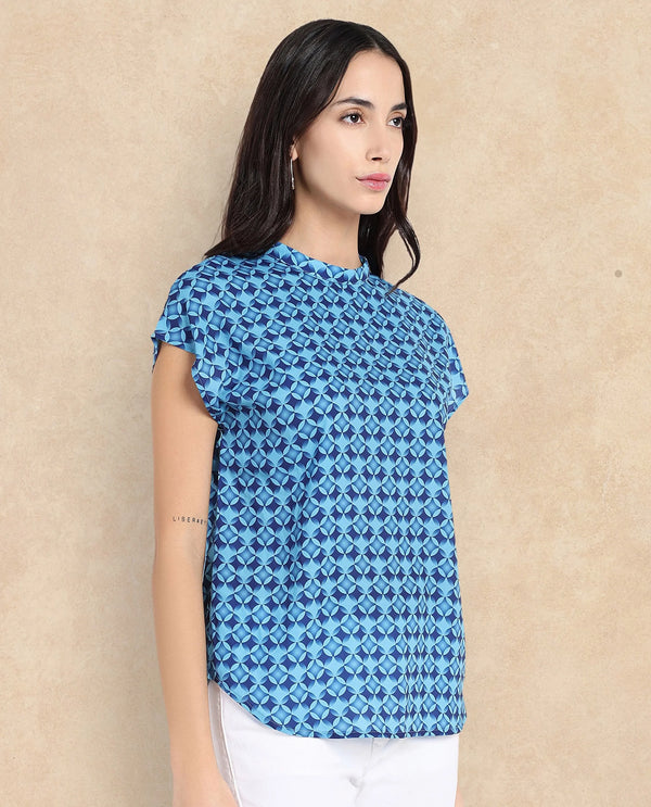 Rareism Women Qoat Blue Extended Sleeves High Neck Button Closure Graphic Print Top