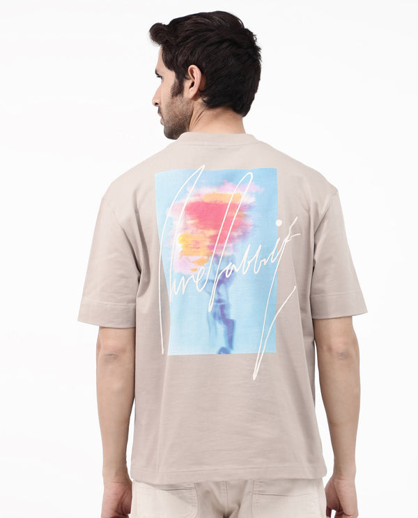 Rare Rabbit Articale Mens Quade Beige Cotton Polyester Fabric Short Sleeve Crew Neck Oversized Fit Graphic Printed T-Shirt