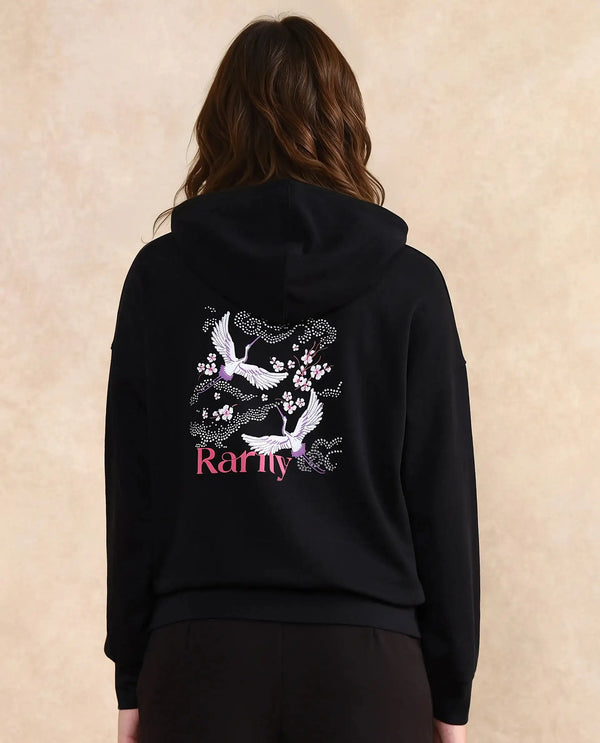 Rareism Women Quash Black Cotton Blend Fabric Full Sleeve Hooded Relaxed Fit Graphic Print Sweatshirt