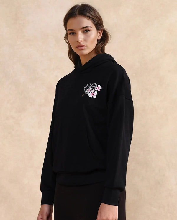 Rareism Women Quash Black Cotton Blend Fabric Full Sleeve Hooded Relaxed Fit Graphic Print Sweatshirt