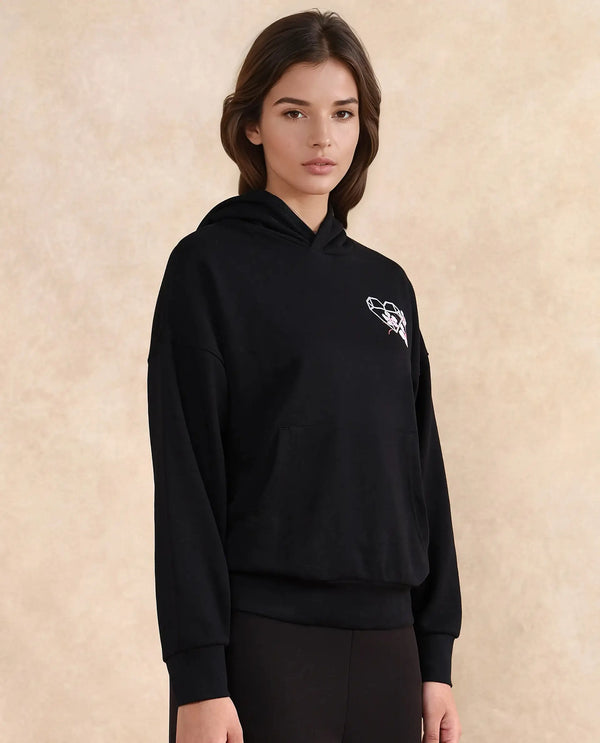 Rareism Women Quash Black Cotton Blend Fabric Full Sleeve Hooded Relaxed Fit Graphic Print Sweatshirt