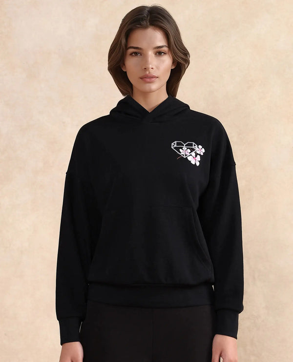 Rareism Women Quash Black Cotton Blend Fabric Full Sleeve Hooded Relaxed Fit Graphic Print Sweatshirt