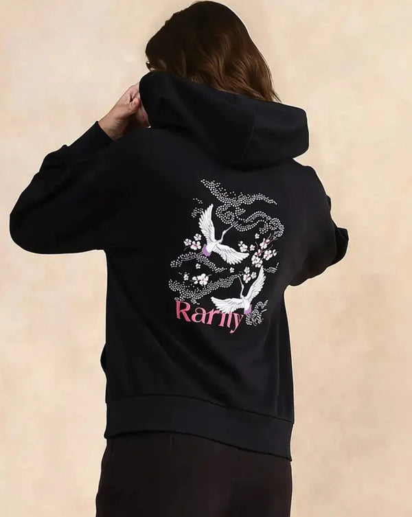 Rareism Women Quash Black Cotton Blend Fabric Full Sleeve Hooded Relaxed Fit Graphic Print Sweatshirt