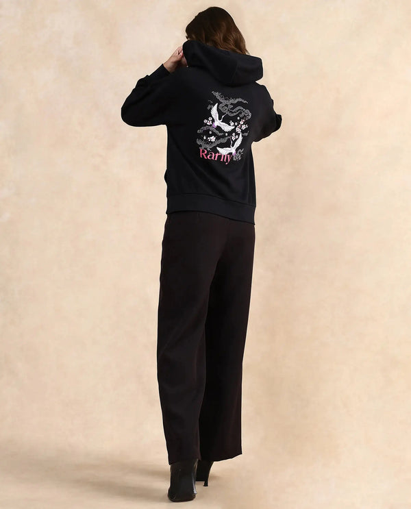 Rareism Women Quash Black Cotton Blend Fabric Full Sleeve Hooded Relaxed Fit Graphic Print Sweatshirt