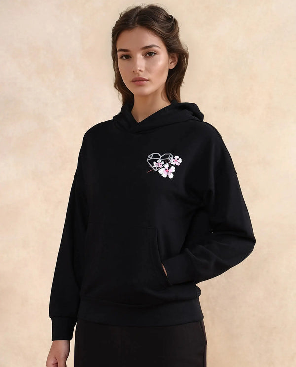 Rareism Women Quash Black Cotton Blend Fabric Full Sleeve Hooded Relaxed Fit Graphic Print Sweatshirt