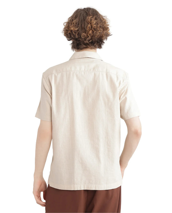 Rare Rabbit Men Quentin Beige Cotton Fabric Cuban Collar Embroidered Boxy Fit Shirt