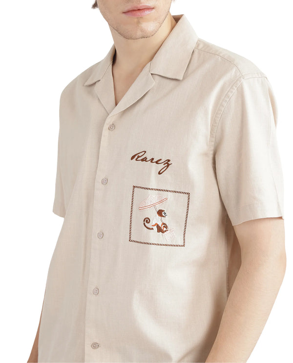Rare Rabbit Men Quentin Beige Cotton Fabric Cuban Collar Embroidered Boxy Fit Shirt