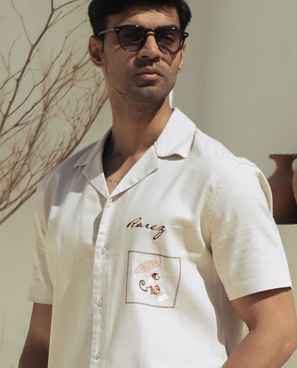 Rare Rabbit Men Quentin Beige Cotton Fabric Cuban Collar Embroidered Boxy Fit Shirt