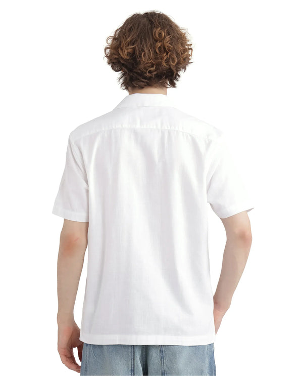 Rare Rabbit Men Quentin White Short Sleeves Cotton Fabric Cuban Collar Embroidered Shirt