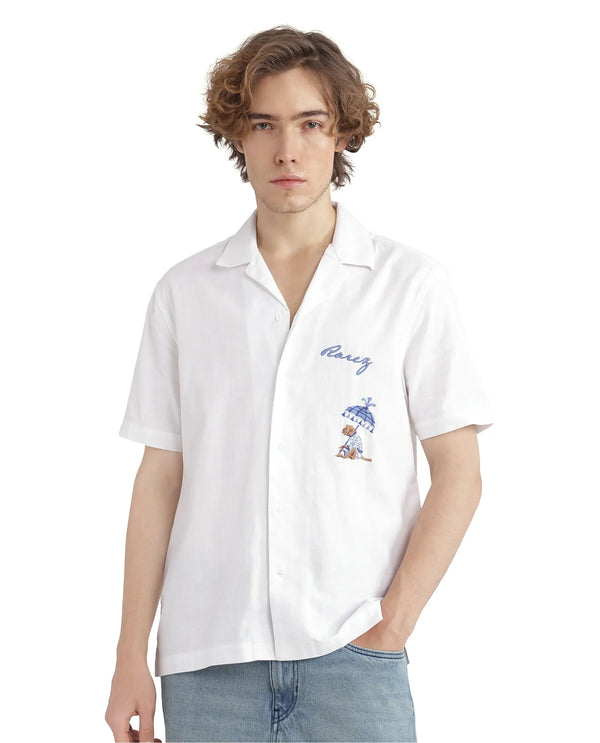 Rare Rabbit Men Quentin White Short Sleeves Cotton Fabric Cuban Collar Embroidered Shirt