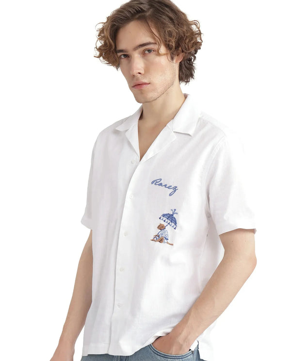 Rare Rabbit Men Quentin White Short Sleeves Cotton Fabric Cuban Collar Embroidered Shirt