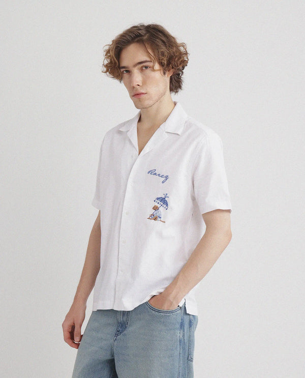 Rare Rabbit Men Quentin White Short Sleeves Cotton Fabric Cuban Collar Embroidered Shirt