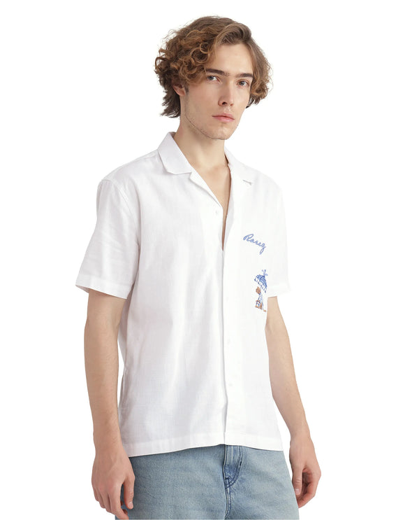 Rare Rabbit Men Quentin White Short Sleeves Cotton Fabric Cuban Collar Embroidered Shirt