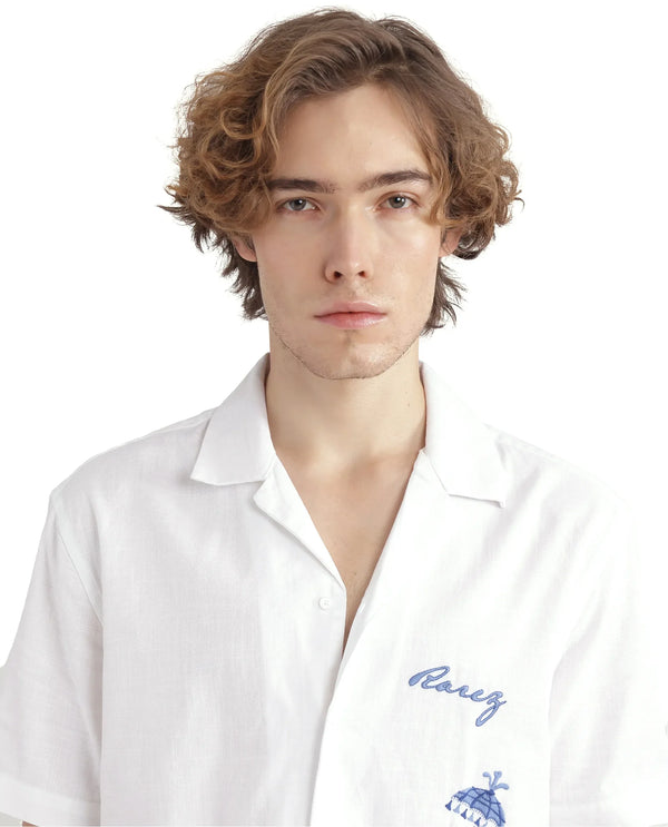 Rare Rabbit Men Quentin White Short Sleeves Cotton Fabric Cuban Collar Embroidered Shirt