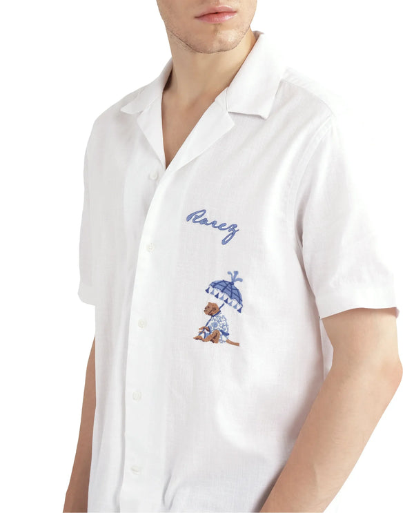 Rare Rabbit Men Quentin White Short Sleeves Cotton Fabric Cuban Collar Embroidered Shirt