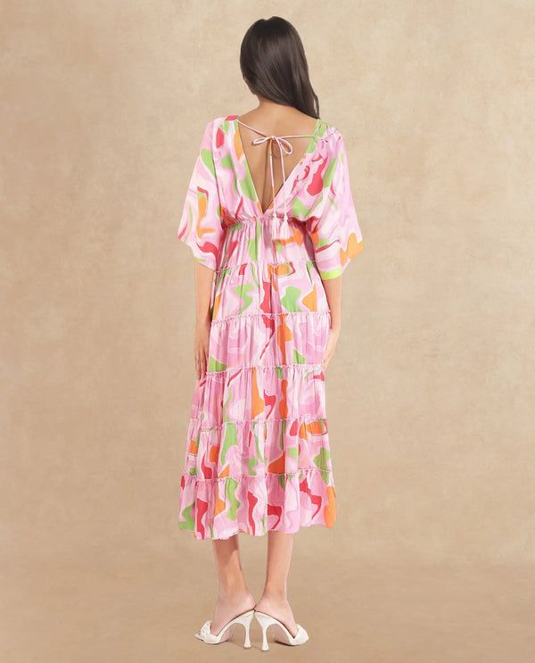 Rareism Women Quil Pastel Multi Extended Sleeves V-Neck Tie Up Fit And Flare Midi Abstract Print Dress