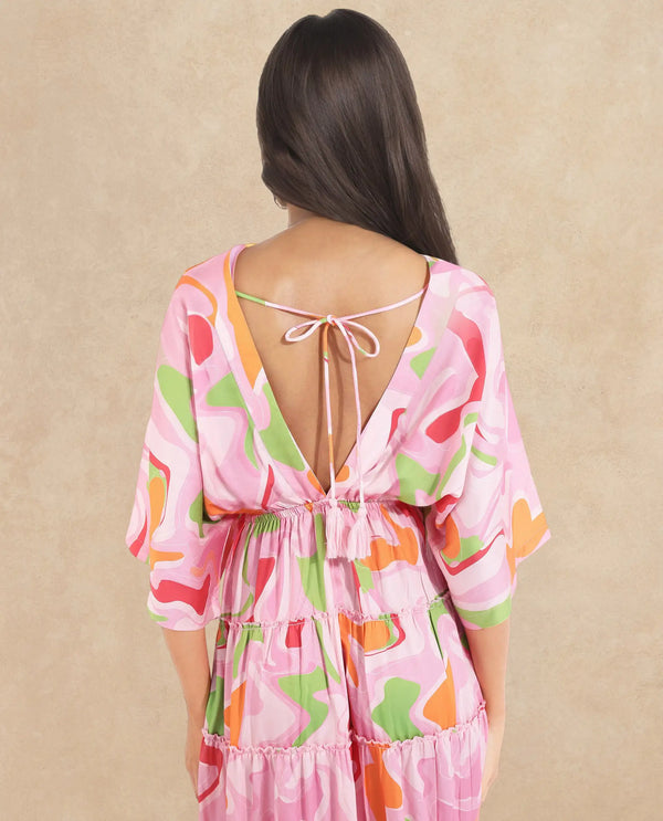 Rareism Women Quil Pastel Multi Extended Sleeves V-Neck Tie Up Fit And Flare Midi Abstract Print Dress