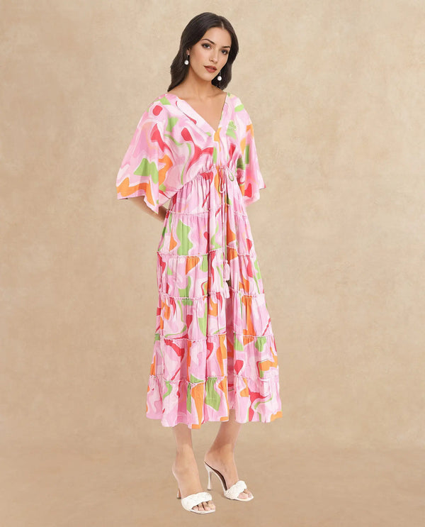 Rareism Women Quil Pastel Multi Extended Sleeves V-Neck Tie Up Fit And Flare Midi Abstract Print Dress