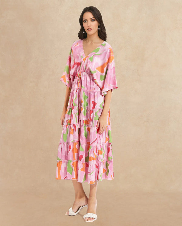 Rareism Women Quil Pastel Multi Extended Sleeves V-Neck Tie Up Fit And Flare Midi Abstract Print Dress