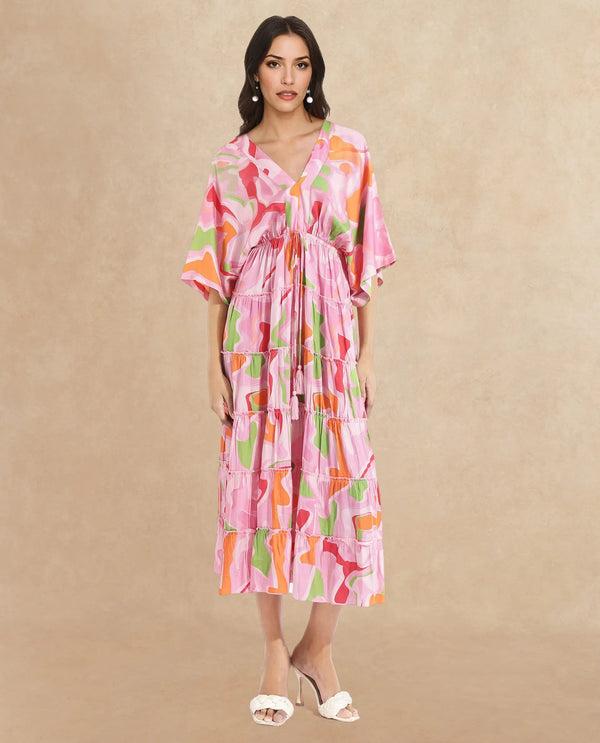 Rareism Women Quil Pastel Multi Extended Sleeves V-Neck Tie Up Fit And Flare Midi Abstract Print Dress
