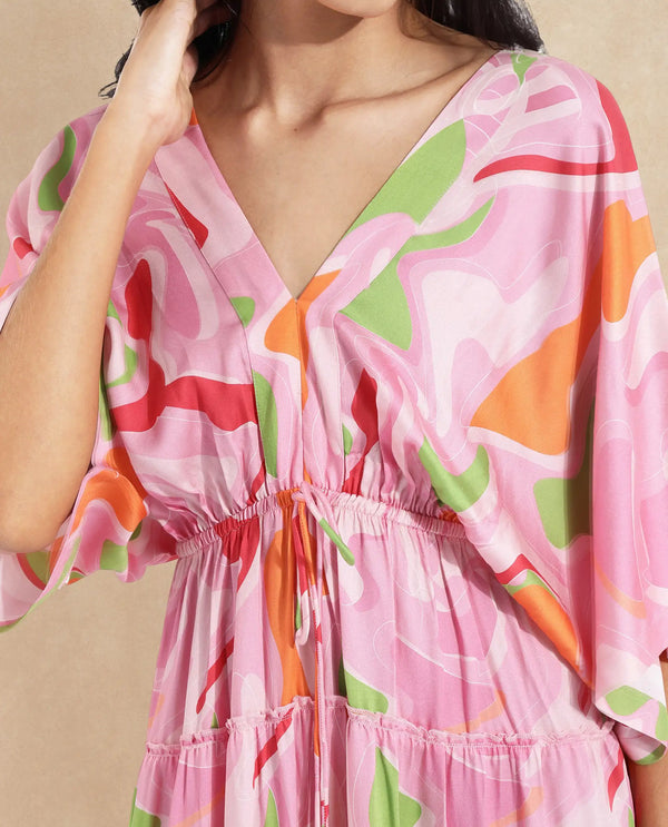 Rareism Women Quil Pastel Multi Extended Sleeves V-Neck Tie Up Fit And Flare Midi Abstract Print Dress
