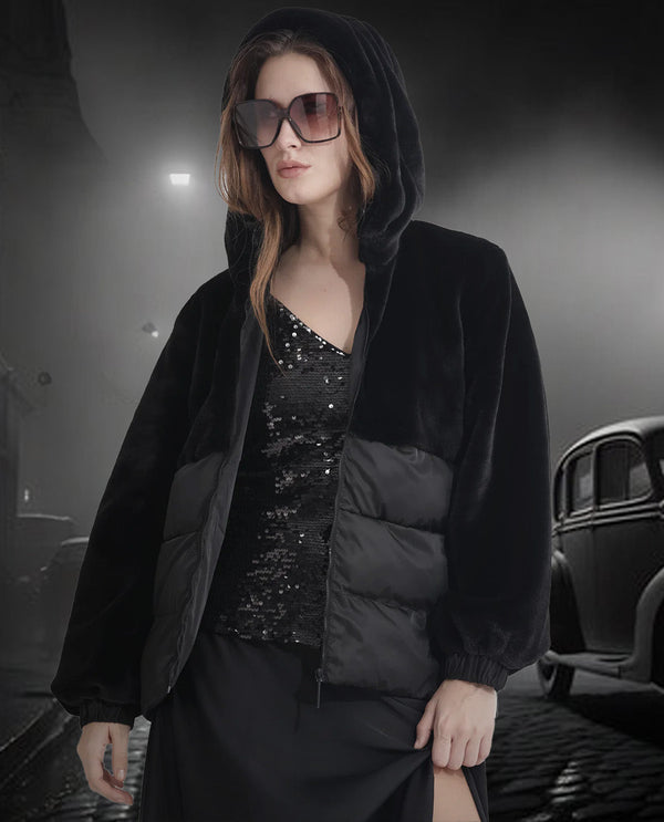 Rareism Women Stelar Black Polyester Fabric Full Sleeves Zip Closure Hooded Regular Fit Plain Jacket