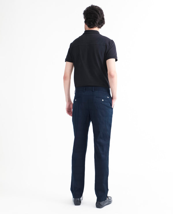 Rare Rabbit Men's Quince Dark Navy Solid Mid-Rise Regular Fit Stretch Trouser