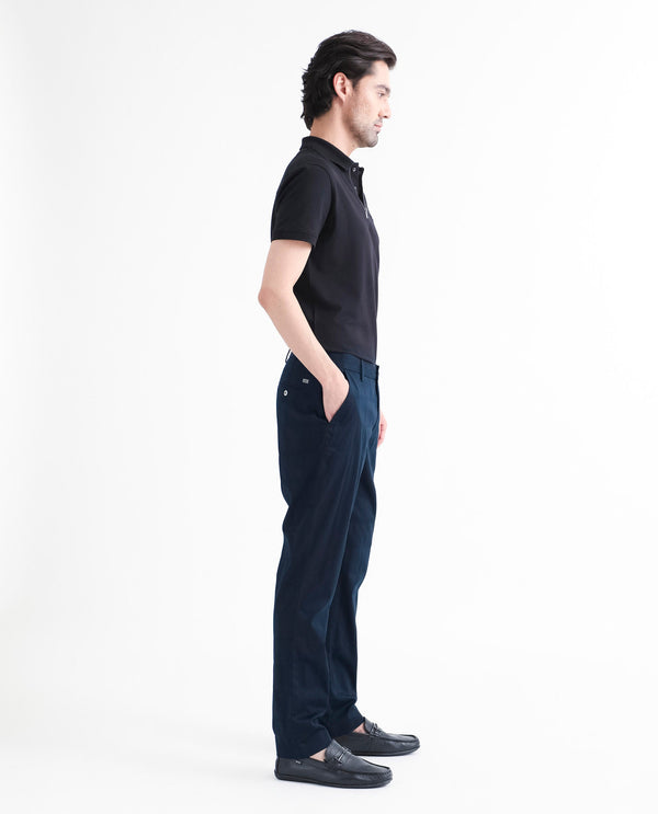 Rare Rabbit Men's Quince Dark Navy Solid Mid-Rise Regular Fit Stretch Trouser