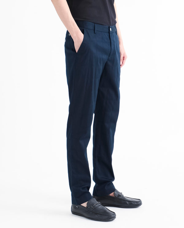 Rare Rabbit Men's Quince Dark Navy Solid Mid-Rise Regular Fit Stretch Trouser